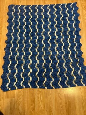 Handmade Blue and Cream Ripple Crochet Small Lap Blanket